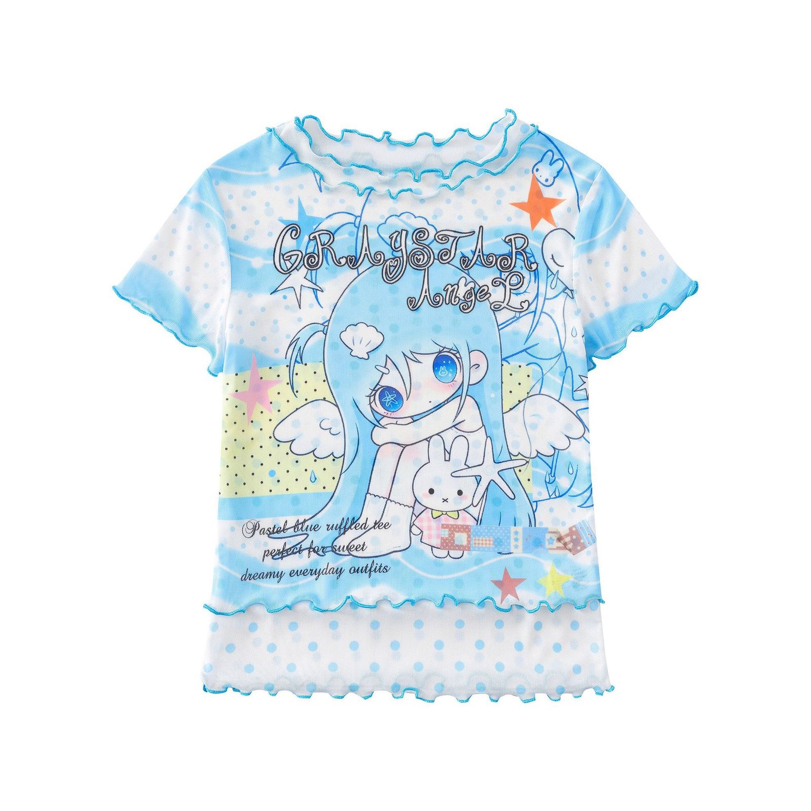 Sweet Style Cartoon Graffiti Polka Dot T-Shirt Color-Blocked Plaid Ruffle Trim Fitted Bodysuit