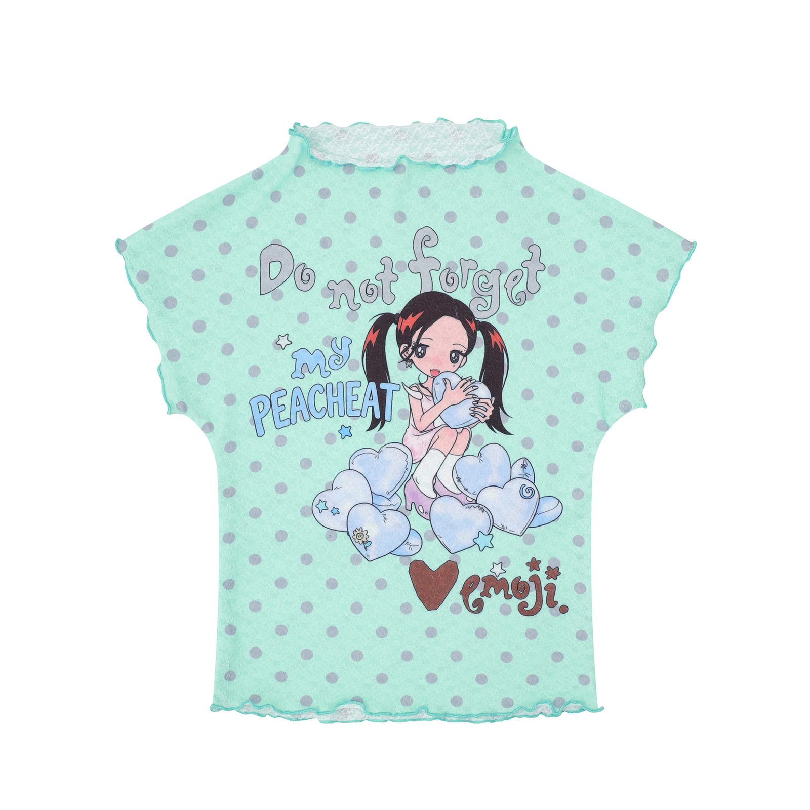 Sweet Style Cartoon Graffiti Mesh T-Shirt Color-Blocked Plaid Ruffle Trim Fitted Bodysuit