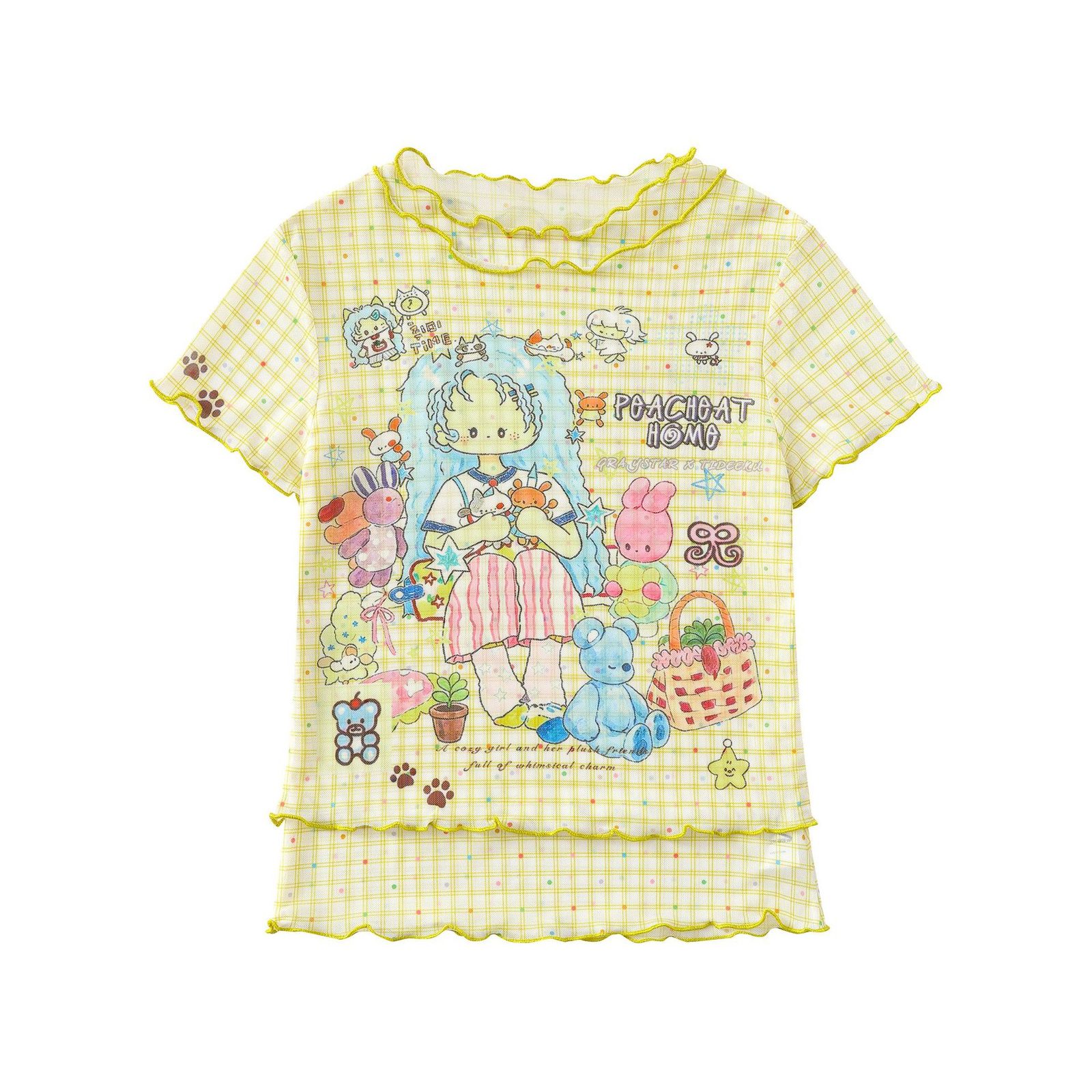 Cartoon Graffiti Mesh T-Shirt Color-Blocked Plaid Ruffle Trim Fitted Bodysuit