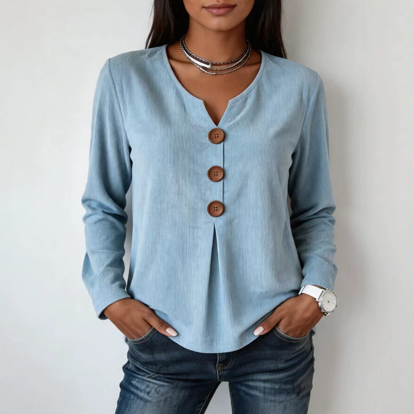 V-neck Buttoned Fashion Casual Long-sleeve Top