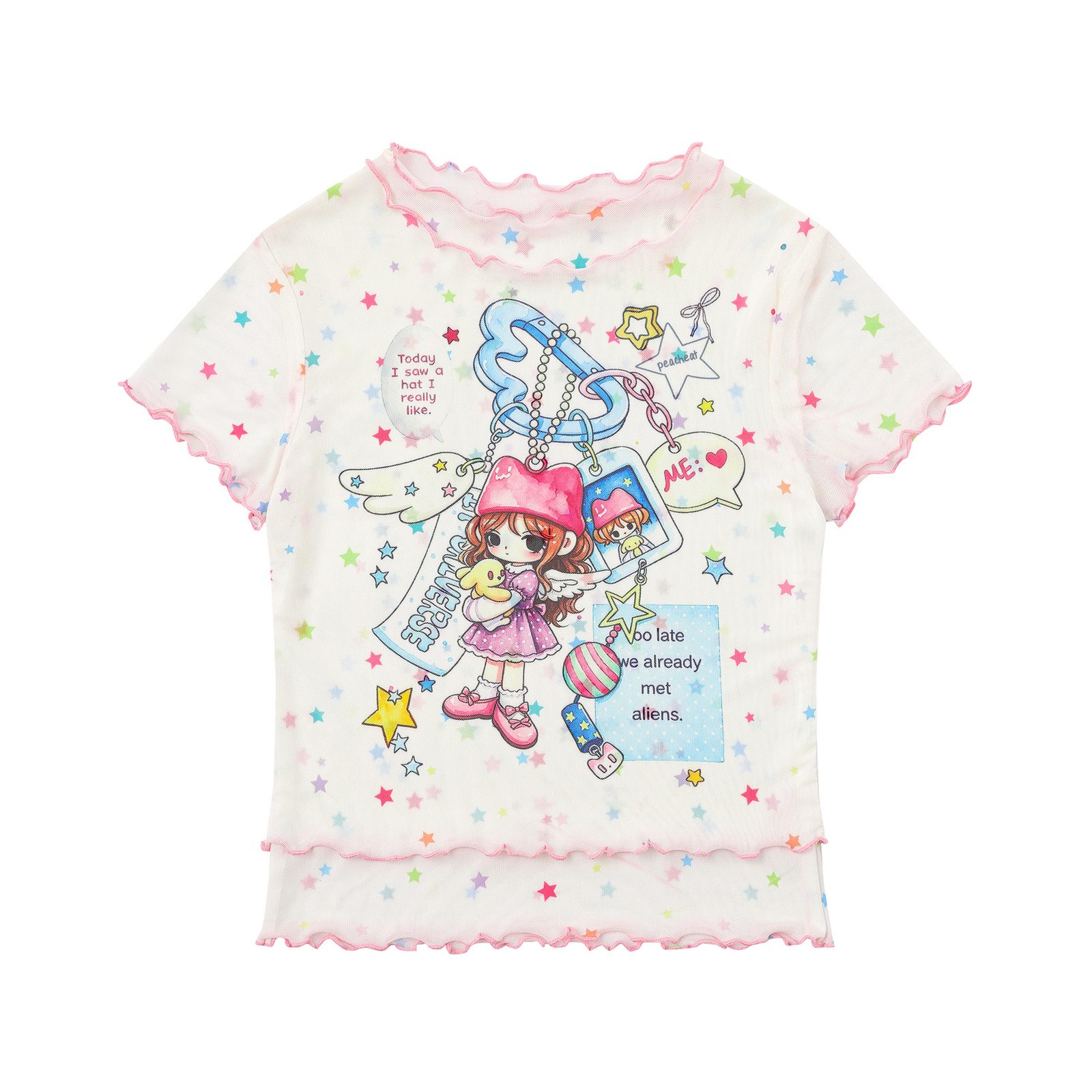Cartoon Graffiti Mesh T-Shirt Color-Blocked Plaid Ruffle Trim Fitted Bodysuit