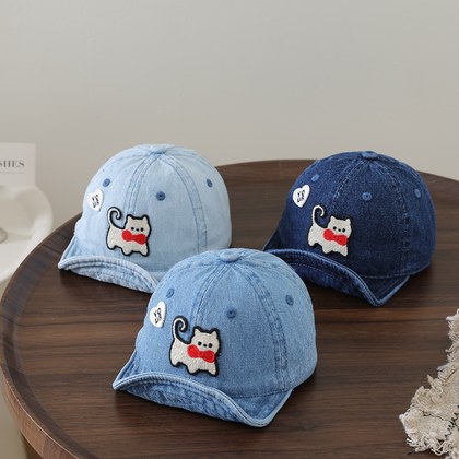 Children's Washable Denim Soft-brimmed Baseball Cap With Cat Embroidery Duckbill Style Cartoonish Casual Soft-top Hat