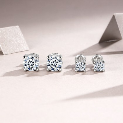 S925 Sterling Silver Moissanite Stud Earrings, 0.5&2ct D-VVS1 4-Prong Basket Pave With Screw Backs, GRA Certificate Gift Box
