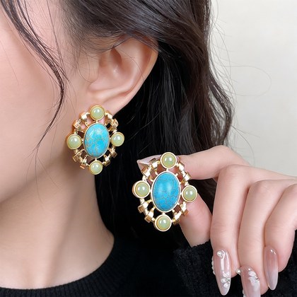 Vintage Synthetic Turquoise Stud Earrings For Women Retro Heavy Industry Statement Earrings Elegant Jewelry