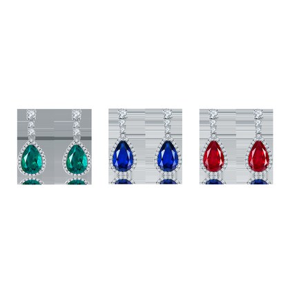 S925 Sterling Silver Teardrop Dangle Earrings, 7x11mm Lab-Grown Ruby Sapphire Emerald With Halo, Platinum Plated 3.2g Women's Jewelry Gift Box