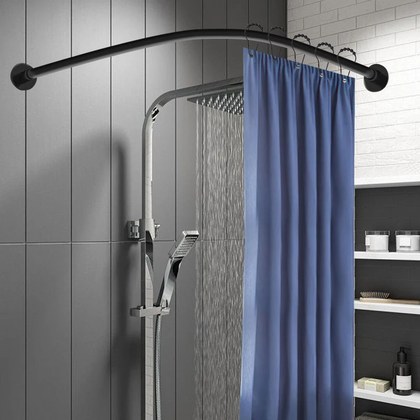 Shower Curtain Rail L Shape, Corner Telescopic Rod with Curtain Rings, for Wardrobe Bathroom, No Drilling, Stainless Steel