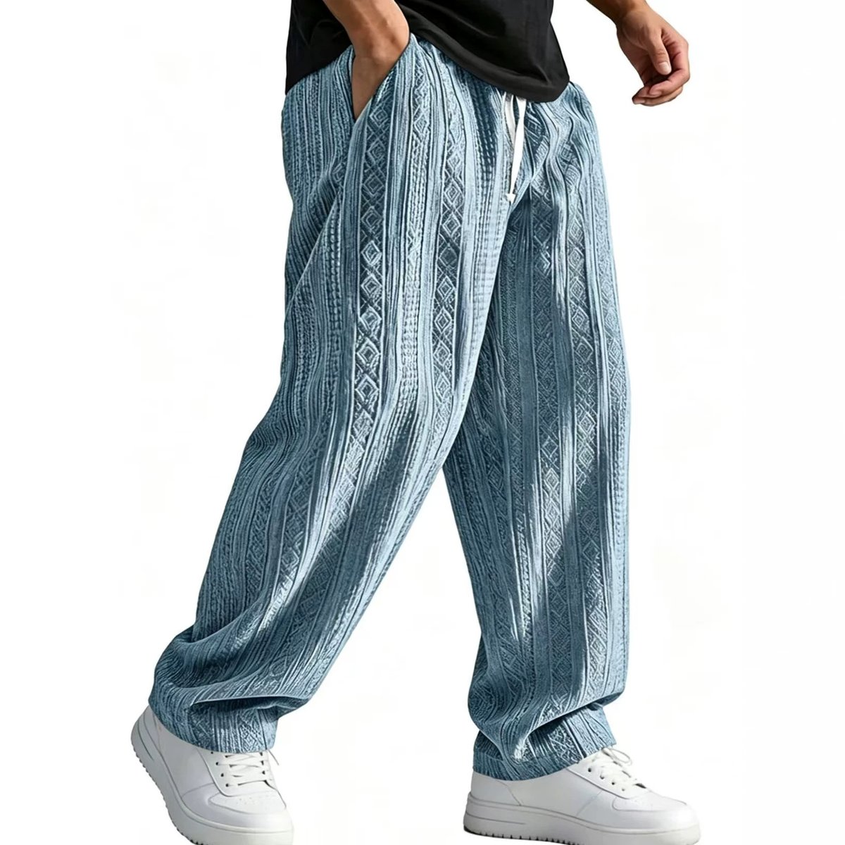 Mens Loose-Fit Jacquard Wide-Leg Casual Solid-Color Straight-Leg Trousers