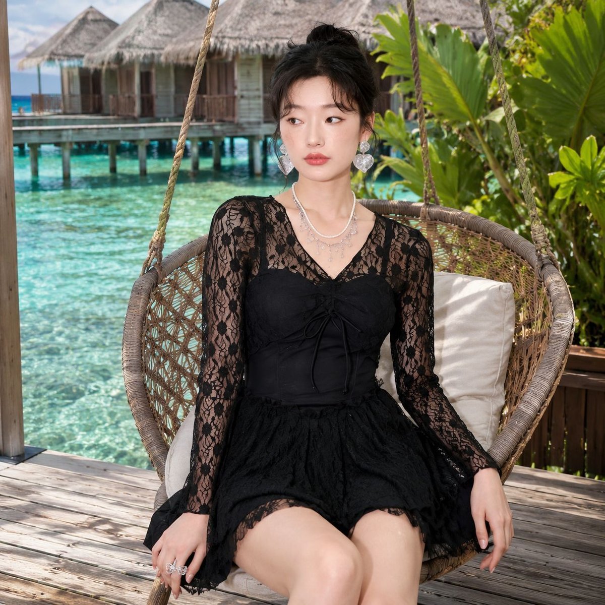 Womens One Piece Long Sleeve VNeck Swimsuit