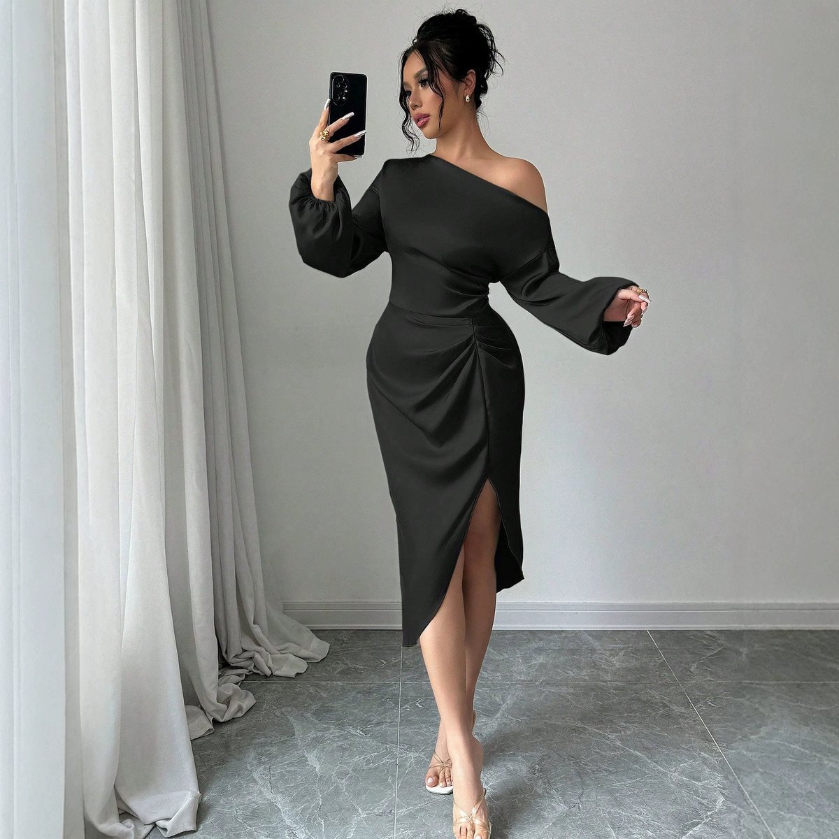Off Shoulder Long Sleeve Dress With A Slanted Neckline