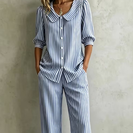 New Design Linen Striped Loose-fitting Shirt Set