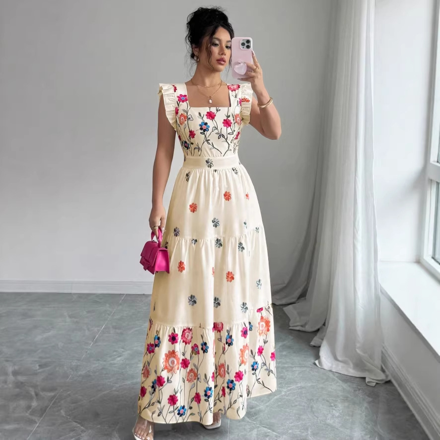 Womens Puff-sleeve Floral-print Waist-cinching Dress