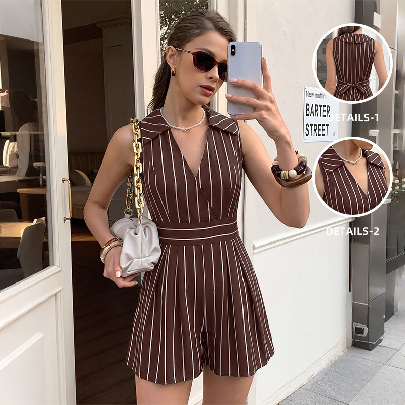 Summer New Striped Sleeveless V-neck One-piece Shorts