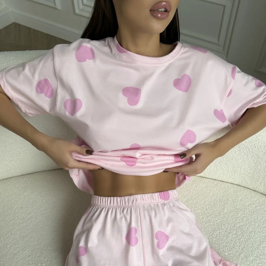 Heart-print Short-sleeve Pajama Set With Shorts
