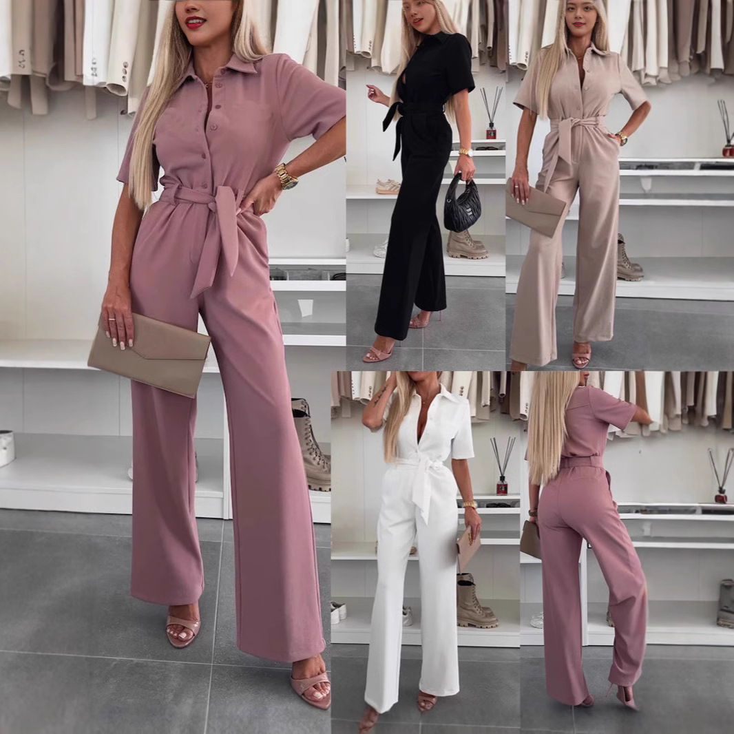 Womens Shirt-collar Short-sleeved Tie-detail Jumpsuit