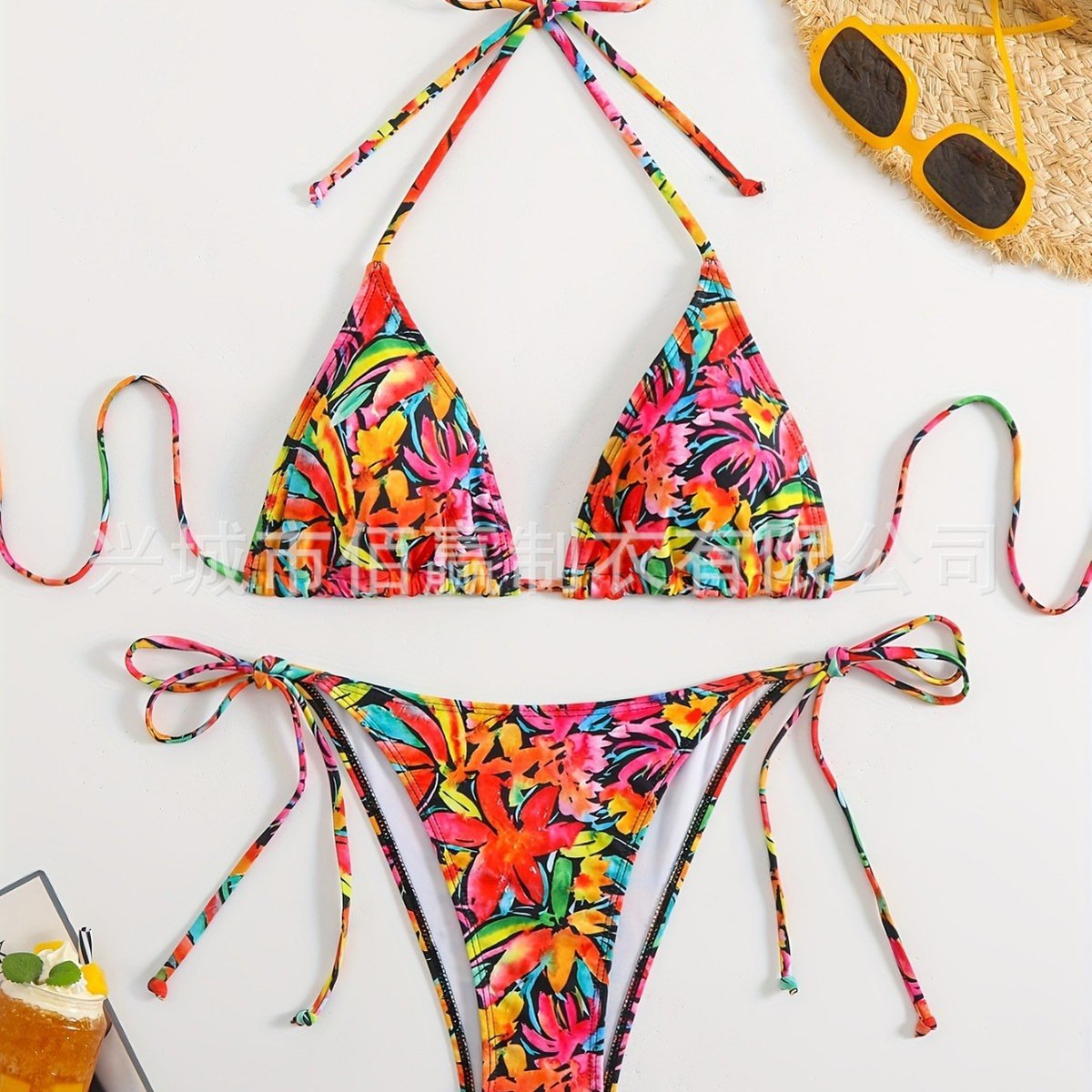 Womens Floral Print Halter-Neck Lace-Up Sexy Bikini