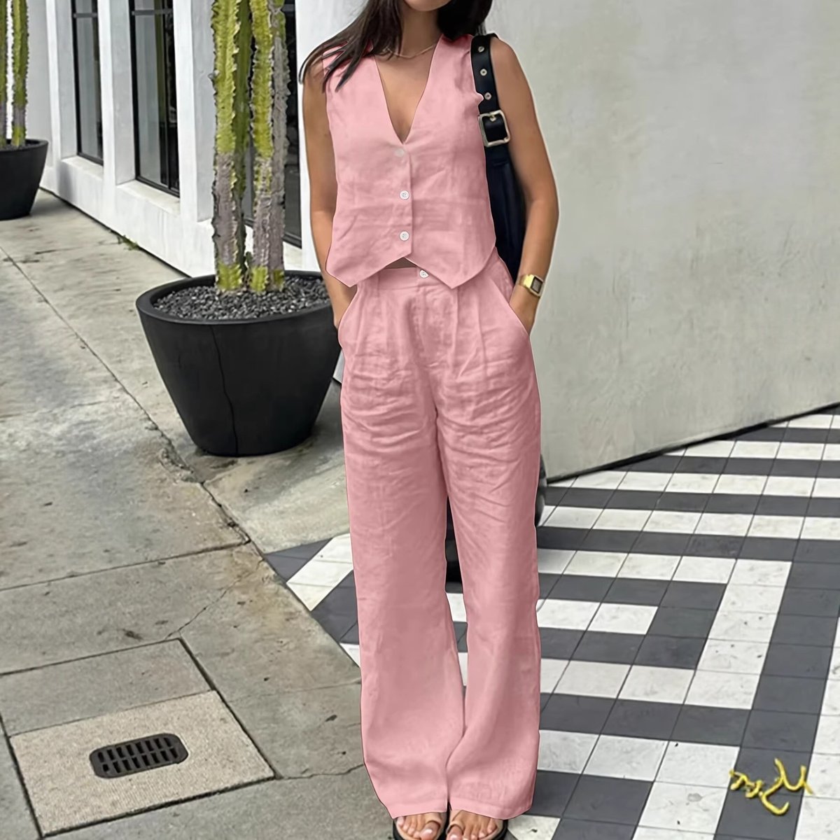 Fabric V-neck Vest High-waisted Wide-leg Pants Casual Two-piece Set