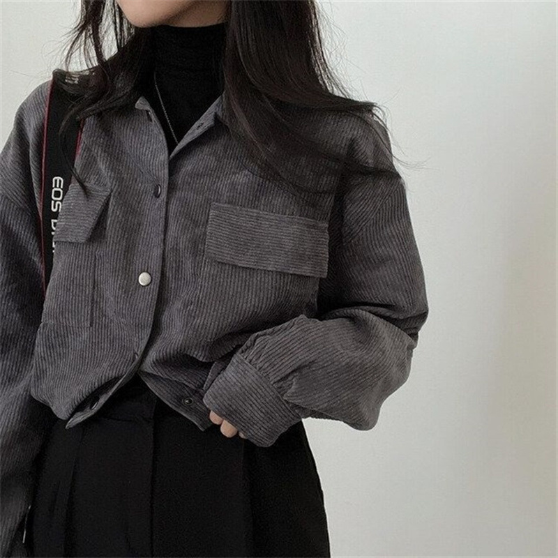Notch-collar Cropped Drawstring Long-sleeve Shirt Corduroy Jacket