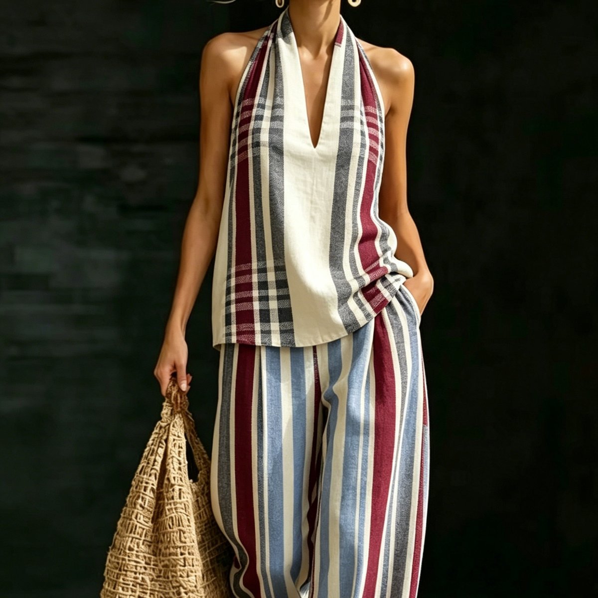 Loose V-neck Sleeveless Striped Casual Suit