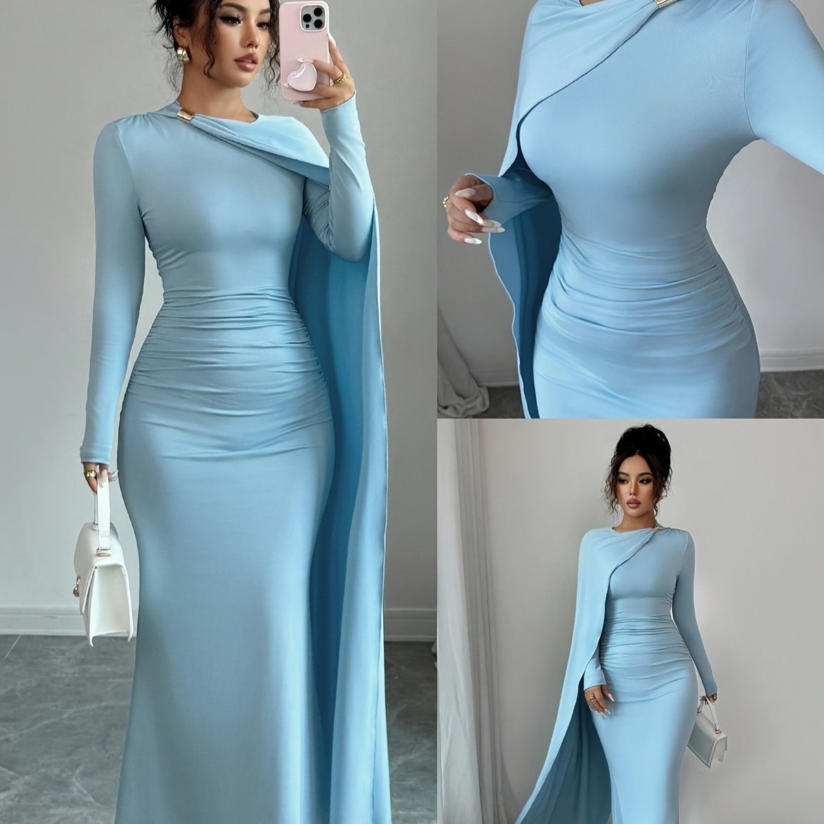 Womens AutumnWinter New Elegant Sky-Blue Versatile Dress