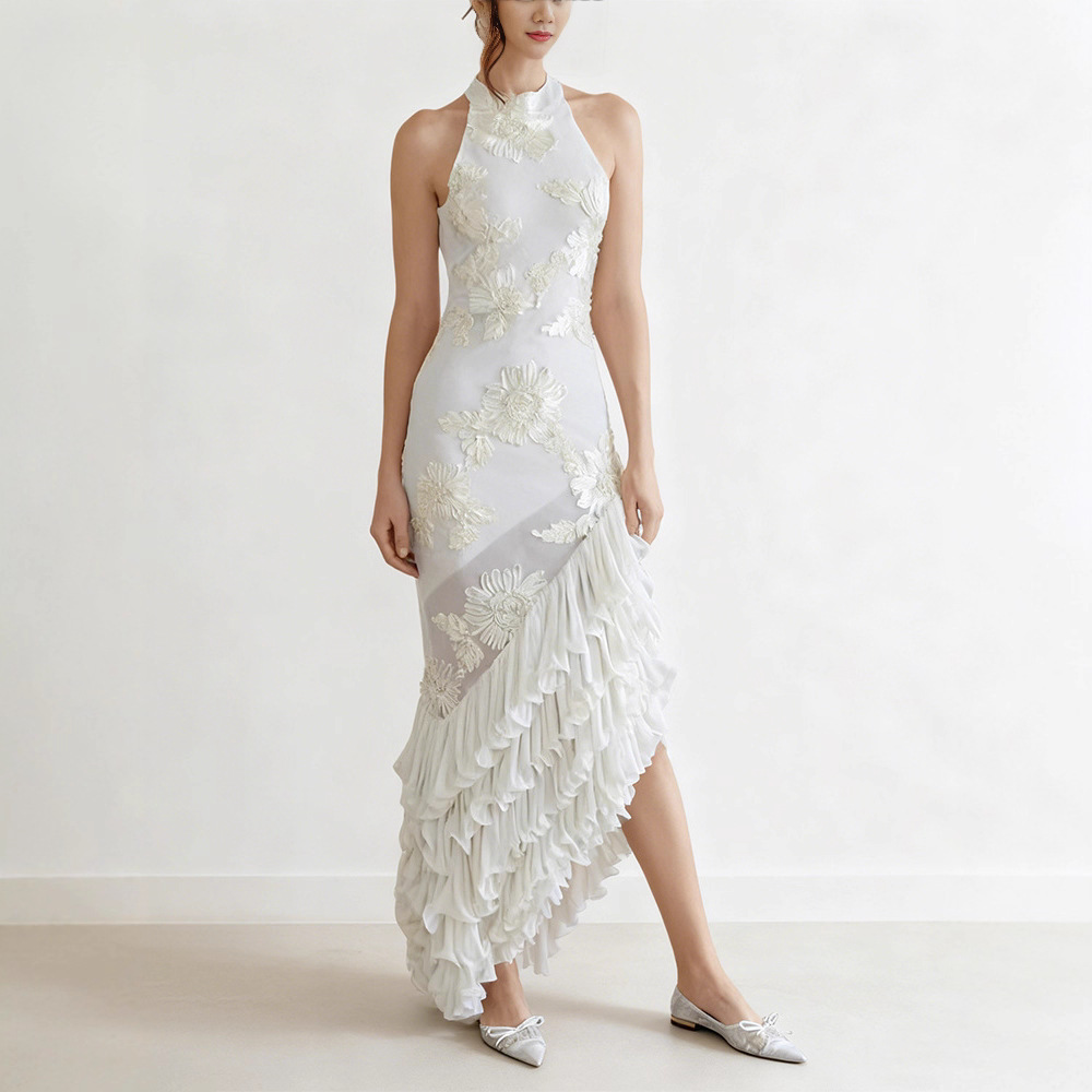 Sleeveless Off-shoulder Dress With Three-dimensional Embroidery And Ruffled Hem
