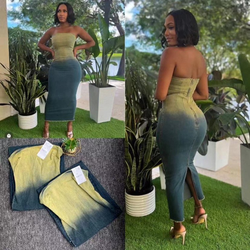 Back-zip Denim Bandeau Dress