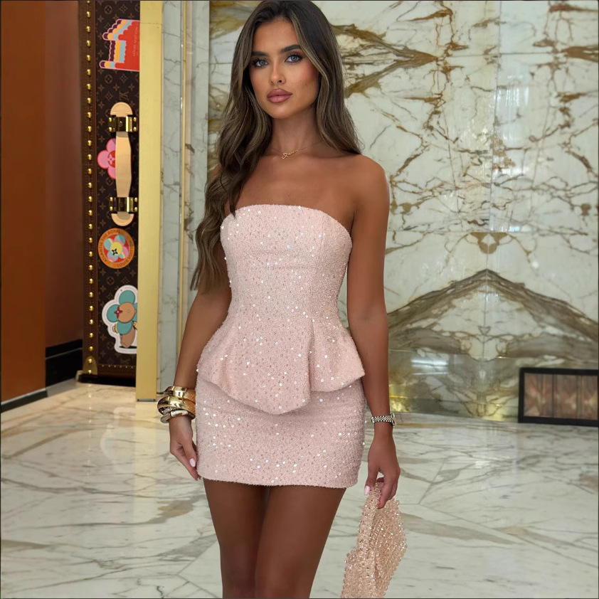 Tube-top Set Sequined Design Slimming Tube Top And Short Skirt