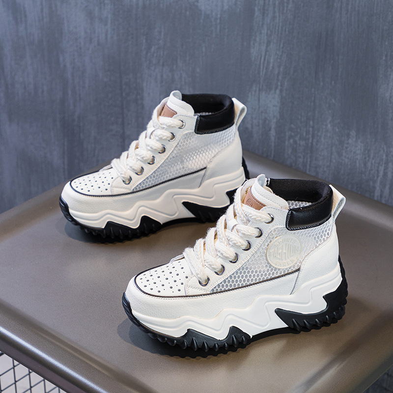 Air-perforated Wedge-heel Height-increasing High-top Casual White Sneakers