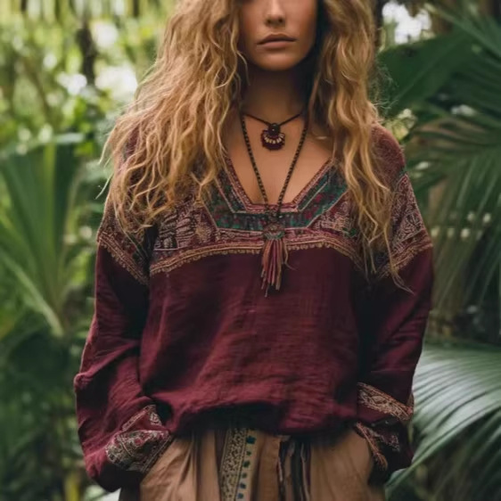 Ethnic-style Casual V-neck Long-sleeve Blouse