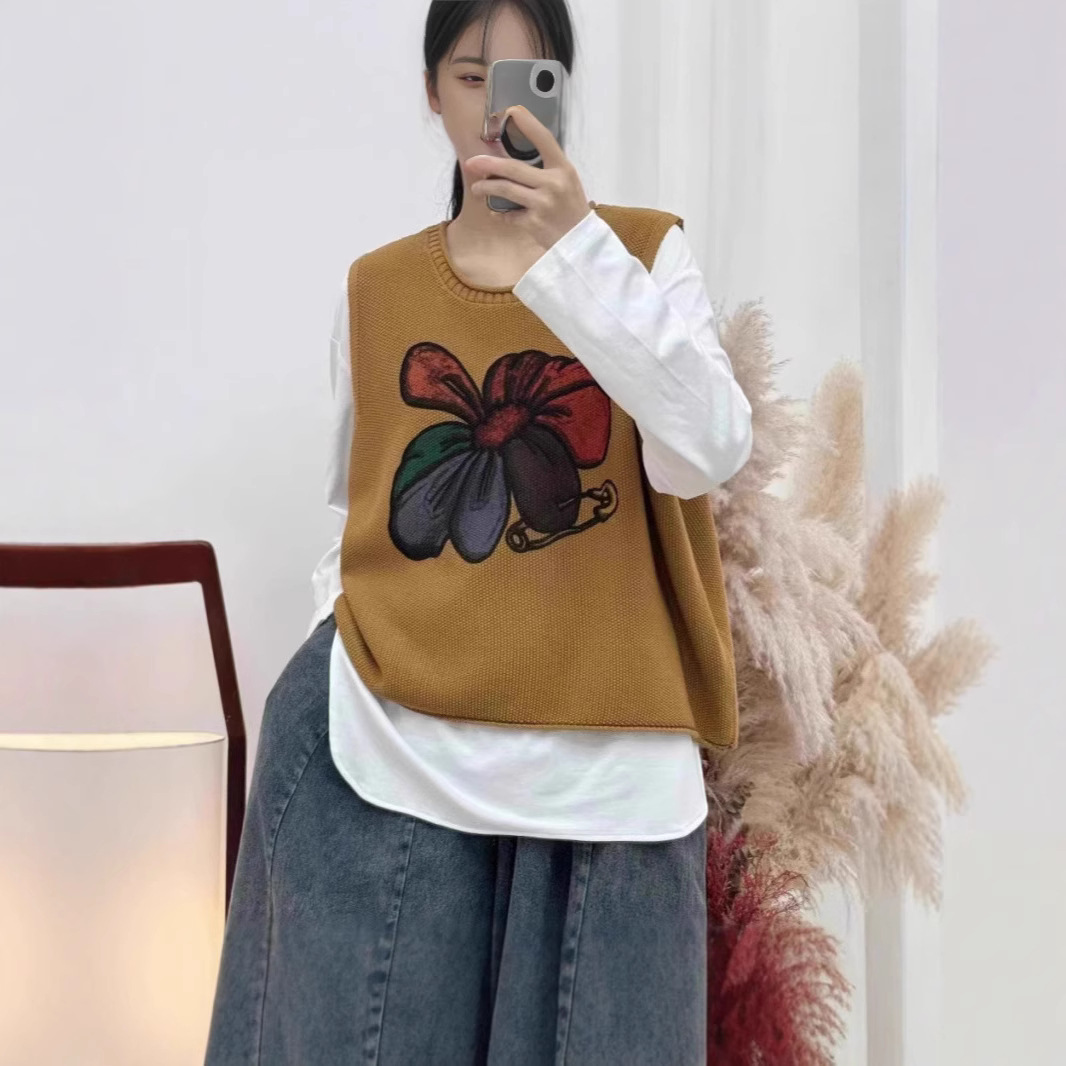 Womens Floral-Print Crew-Neck Loose-Fit Vintage Knitted Vest