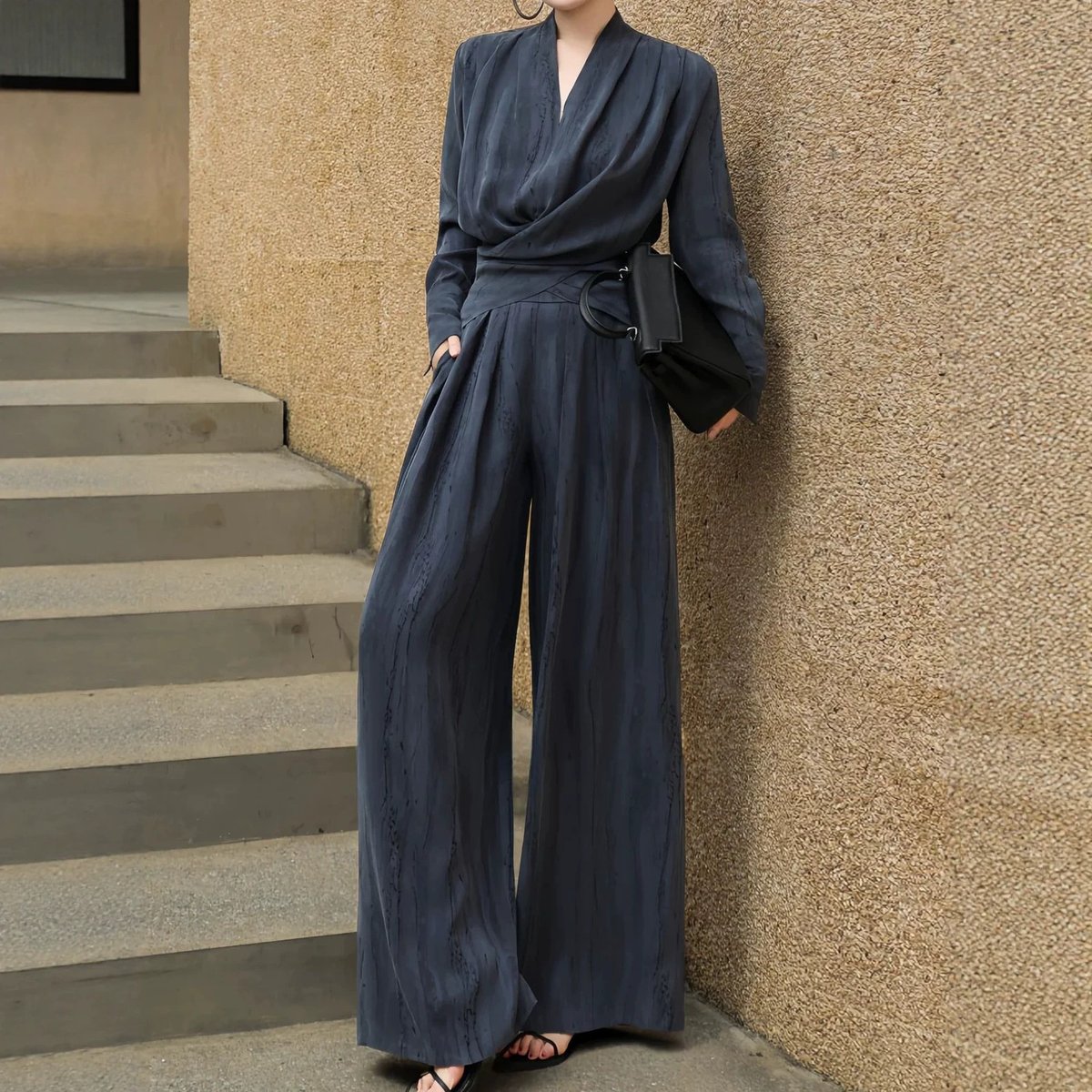 Womens Fashionable Slim-Fit V-Neck Top And Waist-Cinching Wide-Leg Pants Set