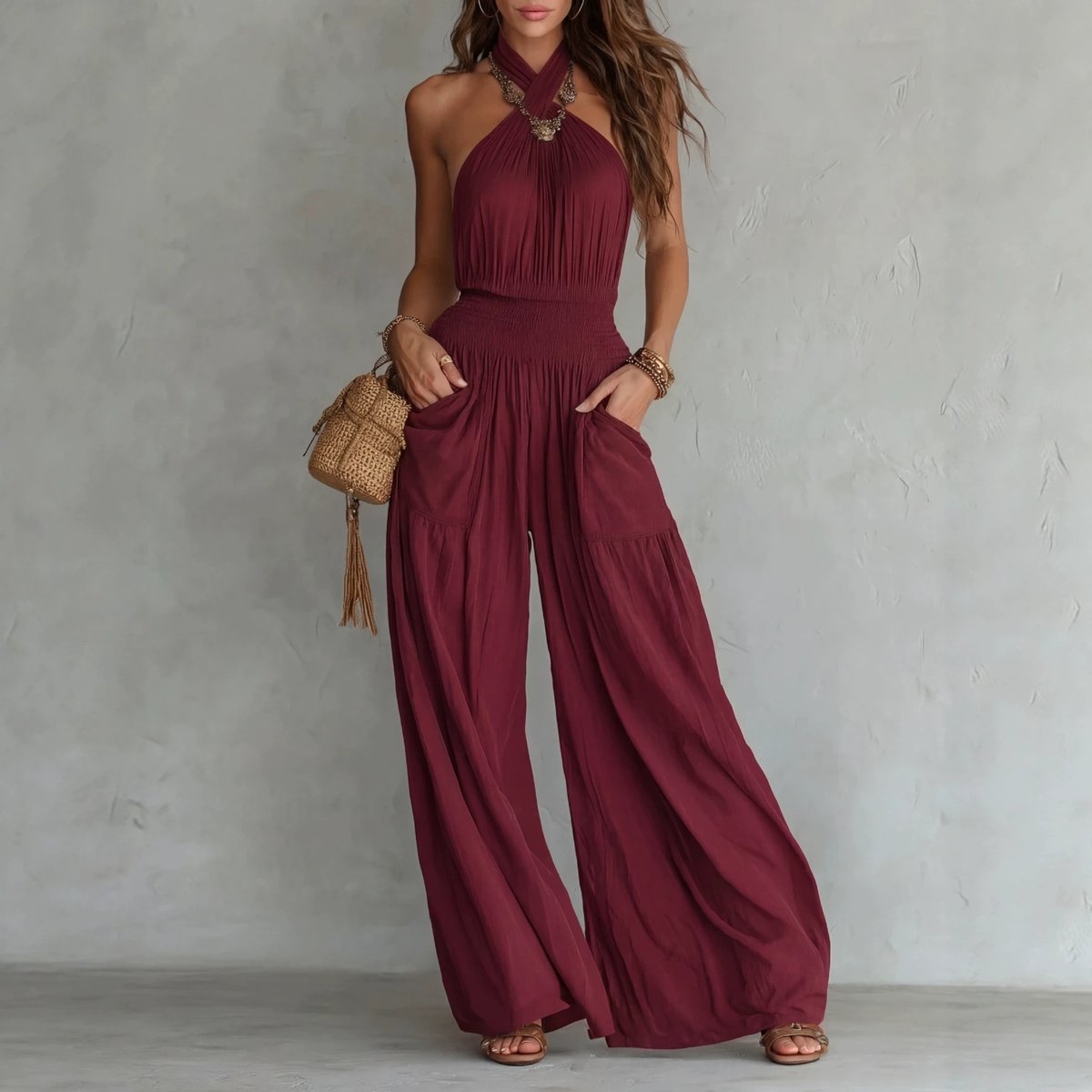 Womens Slim-fit Backless Sleeveless Wide-leg Jumpsuit