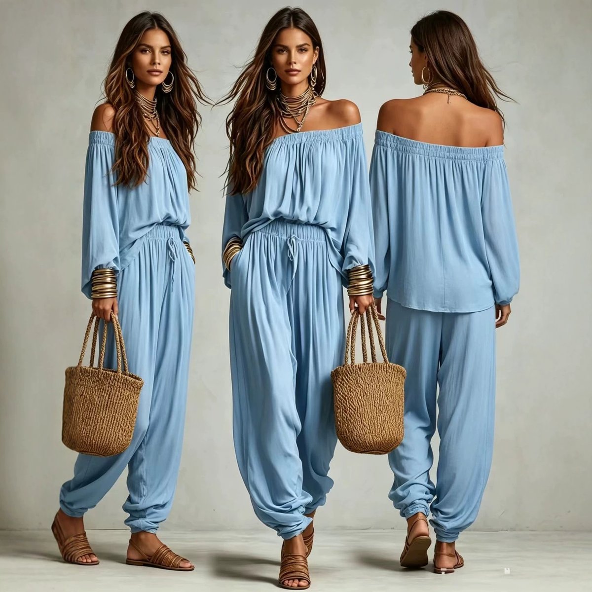 Womens Fashionable Off-shoulder Top And Wide-leg Pants Set