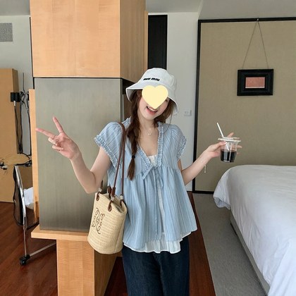 Korean-style Frilly Hem Loose-fit Korean-style Mock Two-piece Short-sleeved Blue