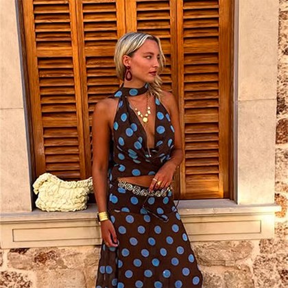 New European And American-style Color-block Polka-dot Asymmetrical Mesh Top