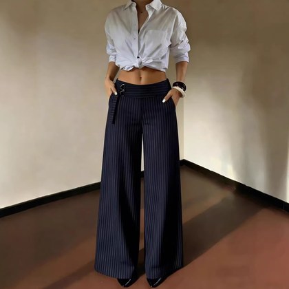 Womens Slim-fit Navy Blue Pinstripe Wide-leg Pants
