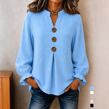 New Womens Fashion Long-sleeve V-neck Solid-color Button-up Top For Fall And Winter