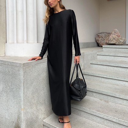 Long-sleeved Slit Satin Sheath Bottoming Maxi Dress