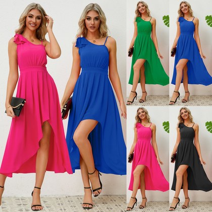 Elegant Off-shoulder Solid-color Strap Asymmetrical Dress
