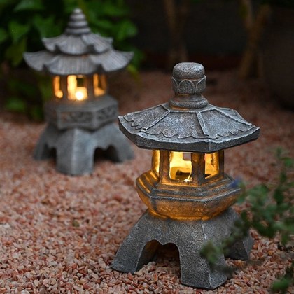 Solar Powered Stone Tower Lamp Chinese Style Stone Lantern Floor Standing Landscape Ornament