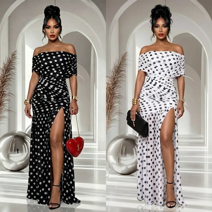 Polka-dot Slit Banquet Resort Sheath Dress