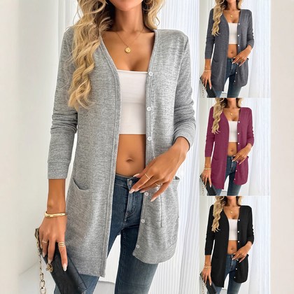 Solid-color Loose-fitting Long-sleeve Cardigan With Pockets