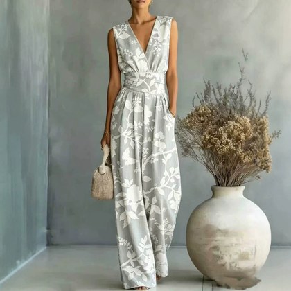 European And American-style Deep V-neck Sleeveless Printed Jumpsuit