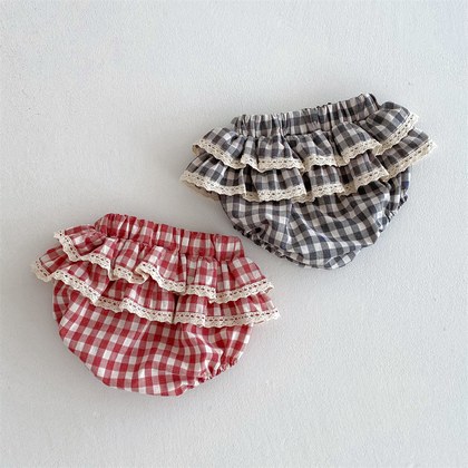 Girls Plaid Lace Culottes With Double-layer Ruffled Trim