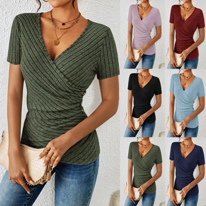 Solid-color V-neck Casual Short-sleeve Womens Top