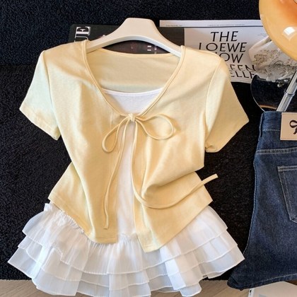Gentle-style Two-piece Set Frilled-strap Camisole And Lace-up Cardigan Top