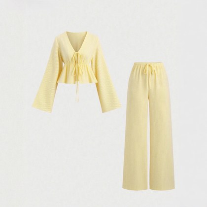New Stylish Premium-feel Striped Loose-fit Belted Top With Casual Long-sleeve Set