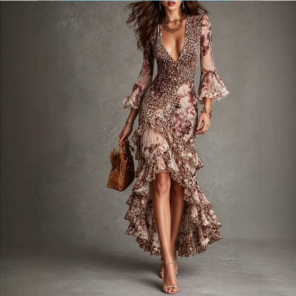 French-style Vintage Leopard-print Flared-sleeve Floral-lace Waist-cinching Asymmetrical Maxi Dress