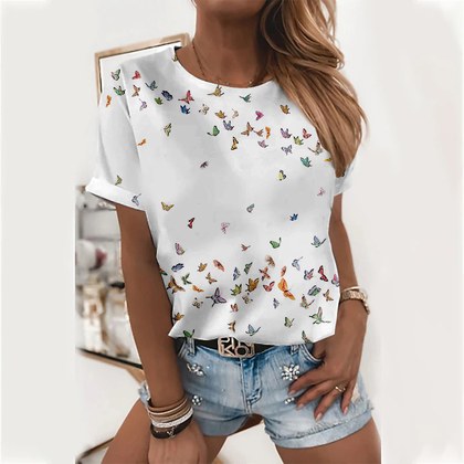 Womens Round-neck 3D-printed Short-sleeve T-shirt