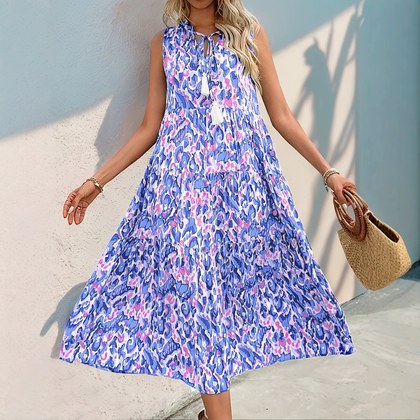 Sleeveless V-neck Tassel Abstract-print Dress