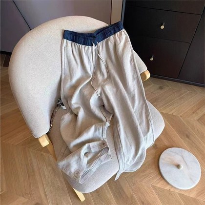 Contrast-color Elastic-waist Straight-leg Casual Pants